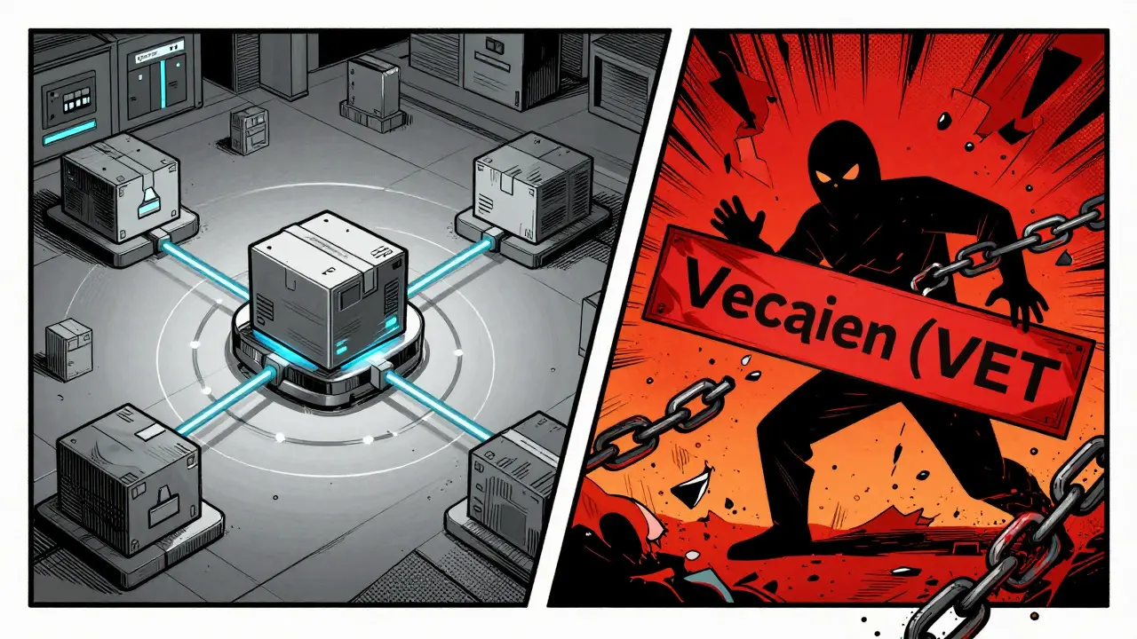Illustration comparant la chaîne logistique VeChain à une plateforme d'échange frauduleuse sombre.