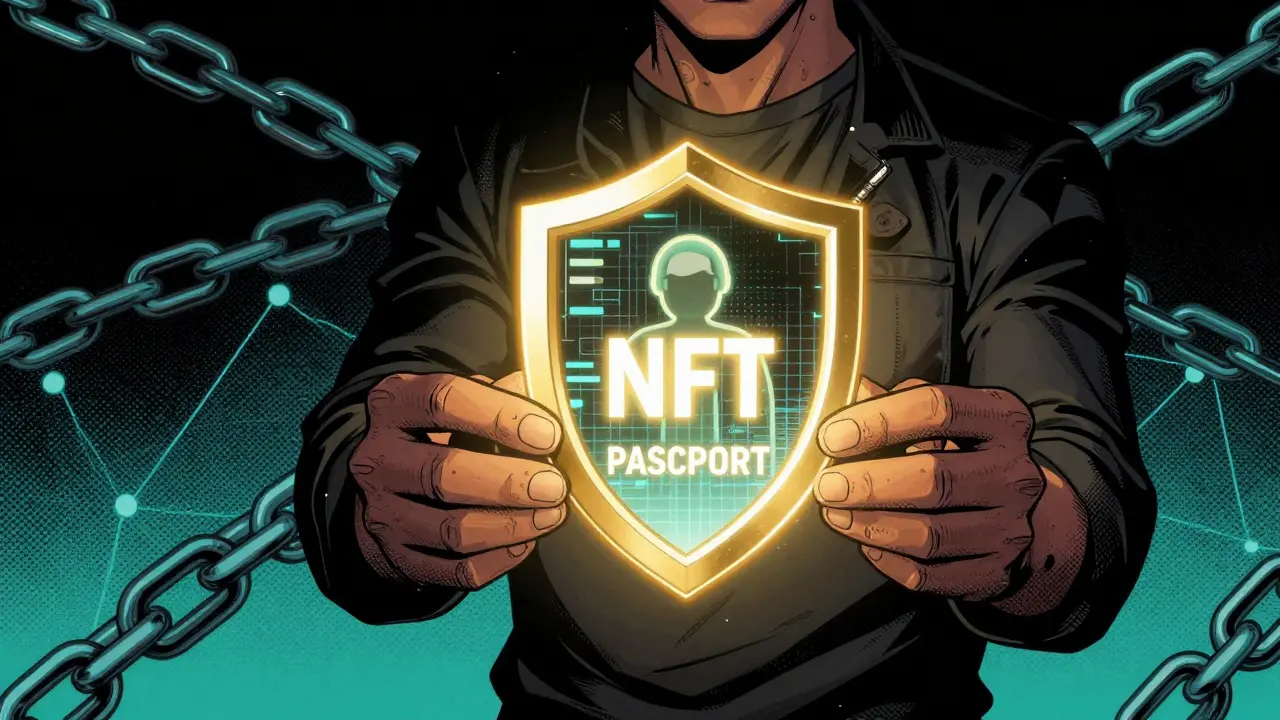 Passeport NFT lumineux protégeant un actif numérique sur la blockchain