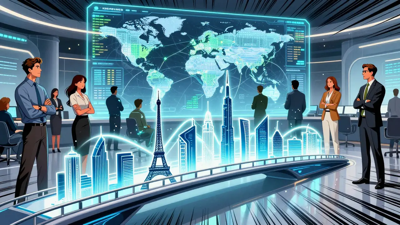 Professionnels de la fintech à Dubaï connectés numériquement à l'Europe via un pont holographique.