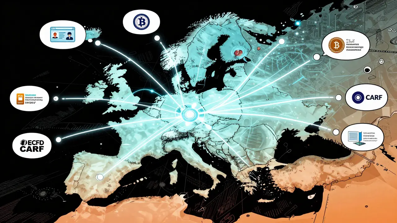 Réseau mondial connecté montrant le partage automatique des données fiscales via CARF.