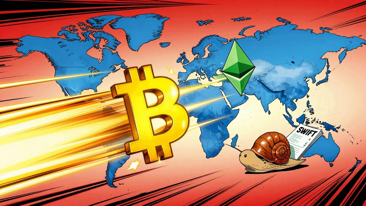 Symboles de crypto voyageant rapidement sur une carte mondiale contre des virements lents