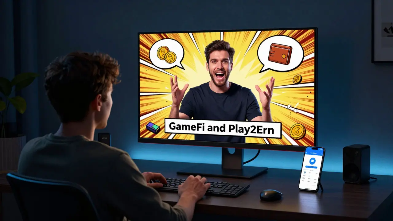 Utilisateur regardant un direct éducatif sur le GameFi sur un écran lumineux