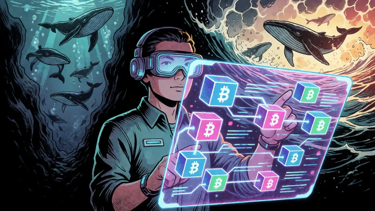 Analyste crypto observant les baleines via un hologramme futuriste