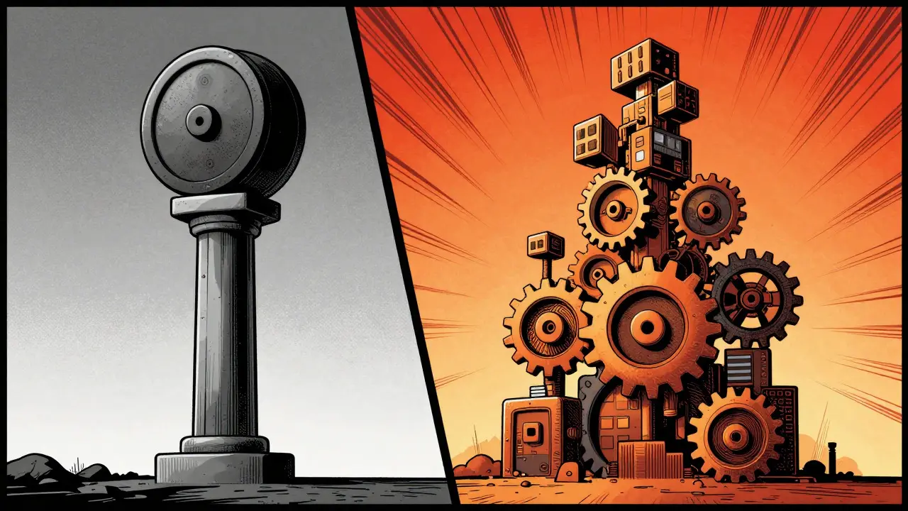 Art de comic book comparant une structure simple de staking à une tour complexe de restaking multi-niveaux.