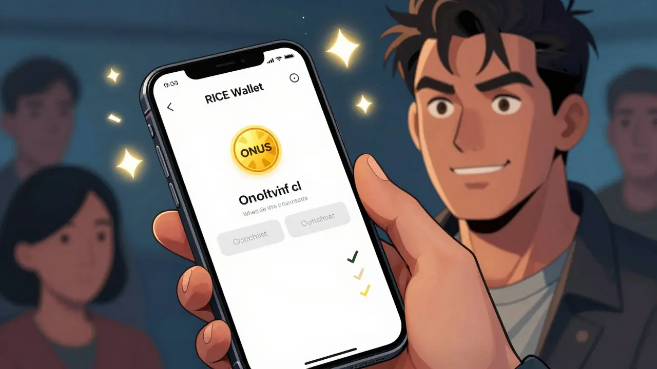 Art de comic book d'un personnage tenant un téléphone affichant la validation du portefeuille RICE Wallet pour les jetons ONUS.