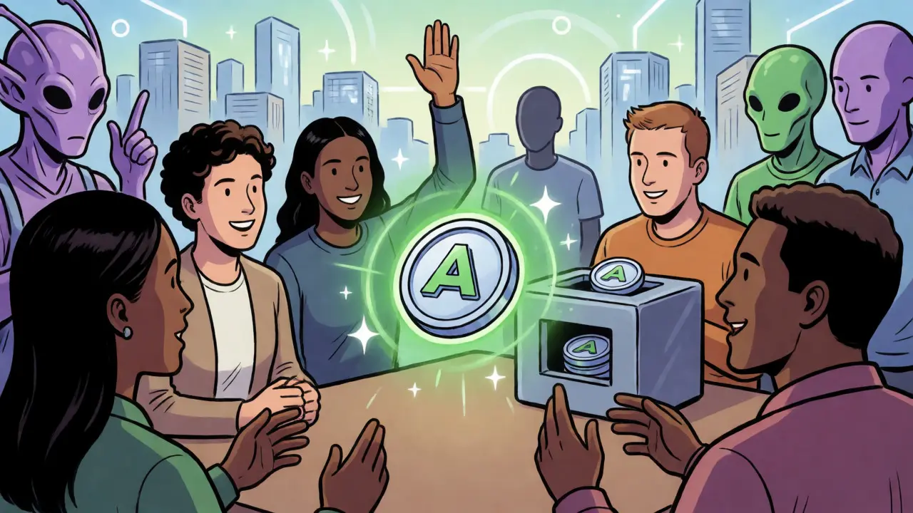 Avatars communautaires votant et stakant des jetons autour d'un token central lumineux.
