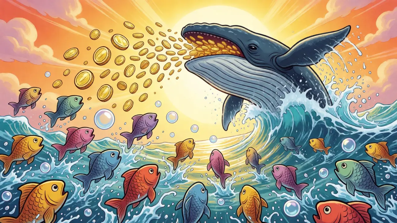 Baleine crachant des pièces au-dessus de poissons enthousiastes en style BD