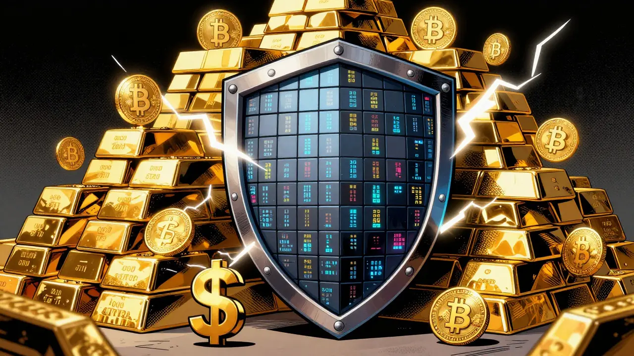 Bouclier numérique massif protégeant des piles de cryptomonnaies contre les chocs