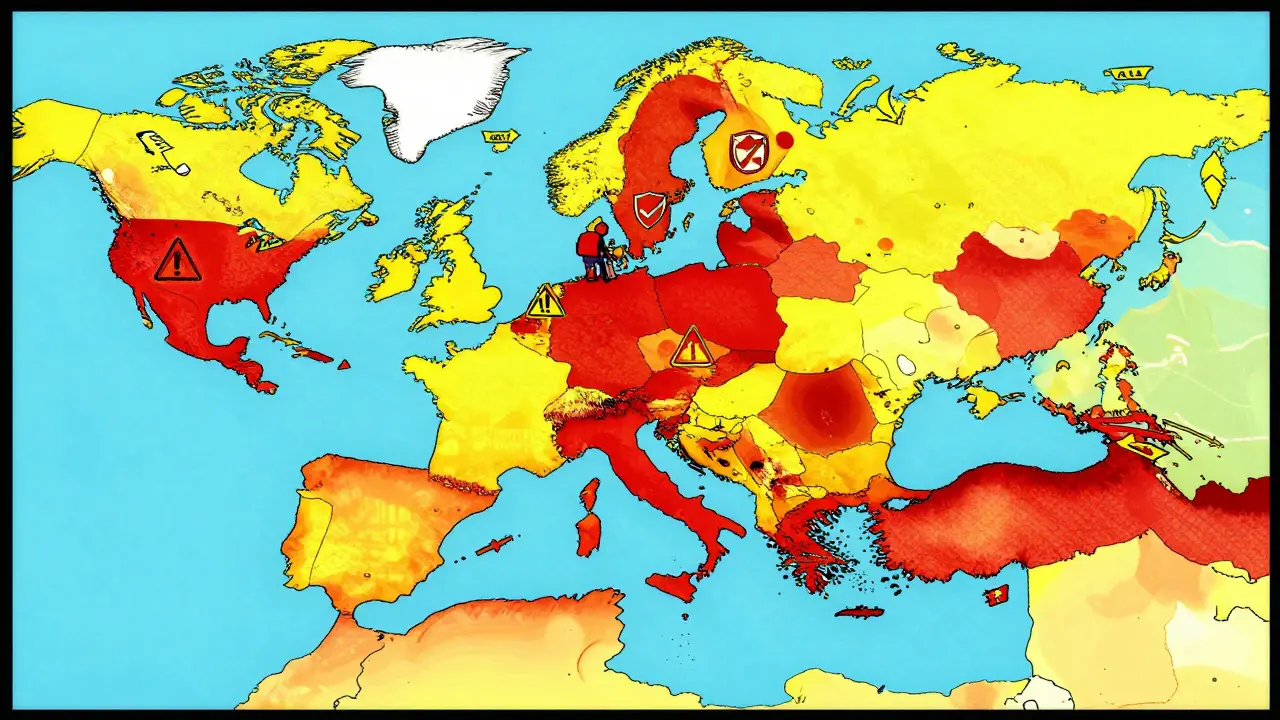 Carte mondiale en style comics montrant des zones réglementées et des flux de données bloqués