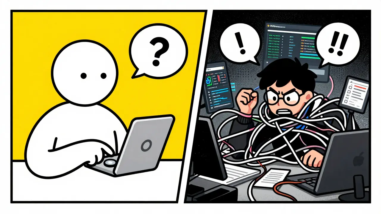 Comparaison en bandes dessinées entre l'interface simple de KYSwap et les concurrents complexes