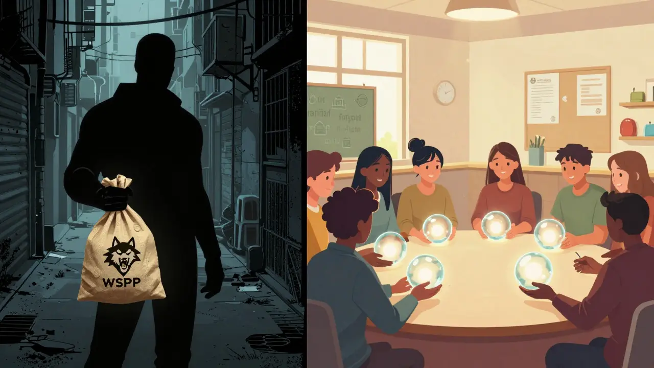 Comparaison entre un projet crypto risqué dans une ruelle sombre et une alternative transparente lumineuse