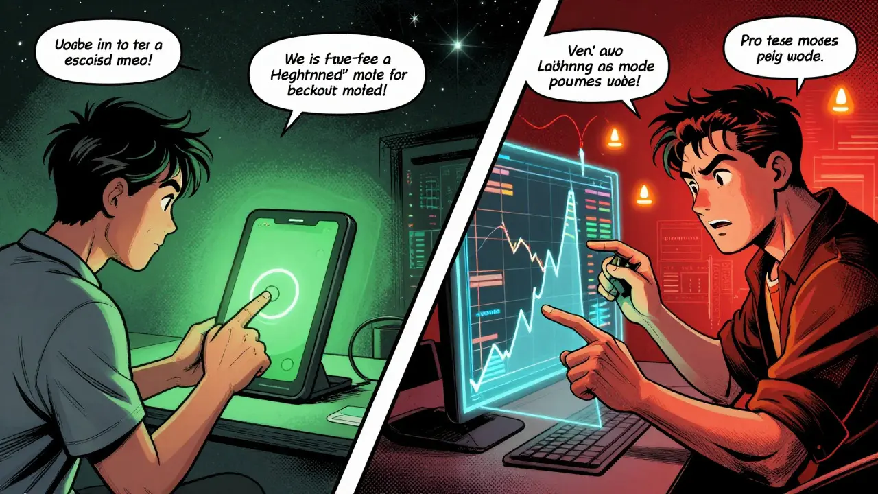 Comparaison visuelle entre le trading simple et le trading avancé en mode comics