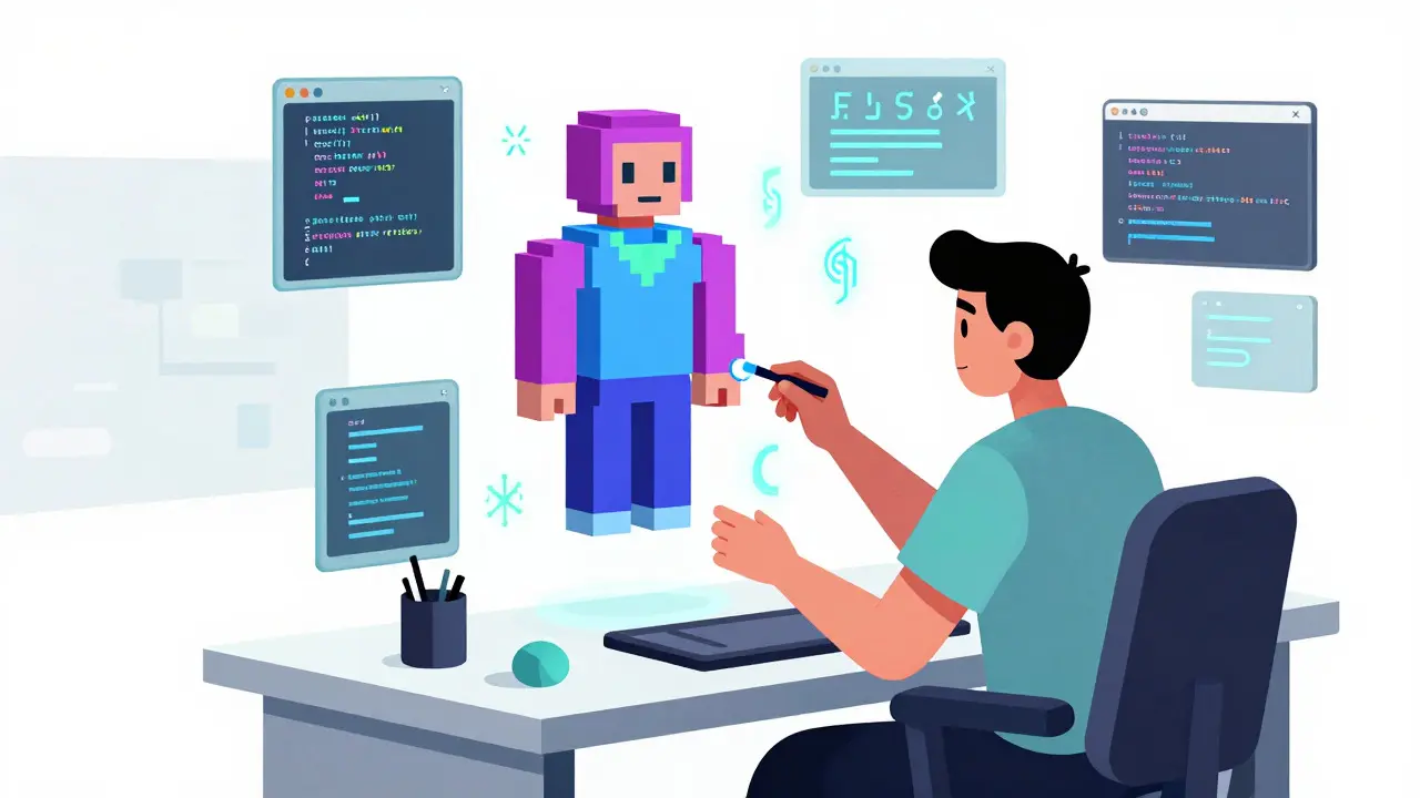 Création de personnages voxel dans un atelier holographique futuriste