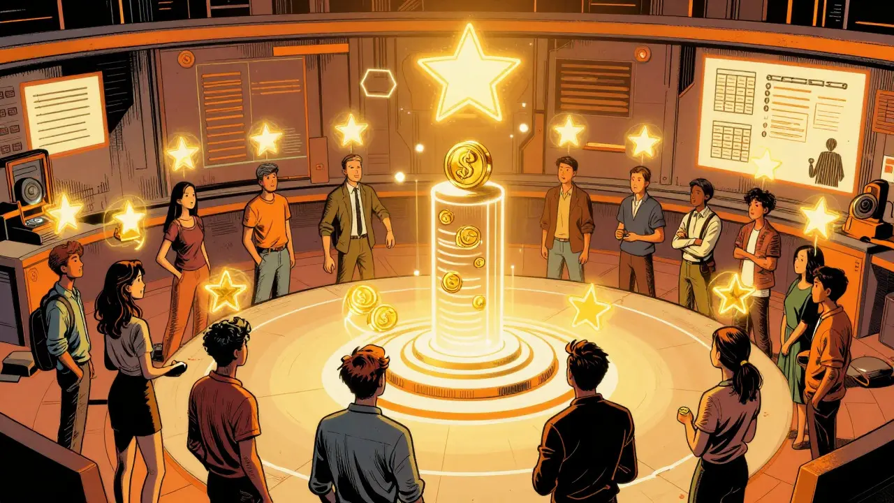 Groupe de personnages construisant leur réputation dans une salle DAO futuriste