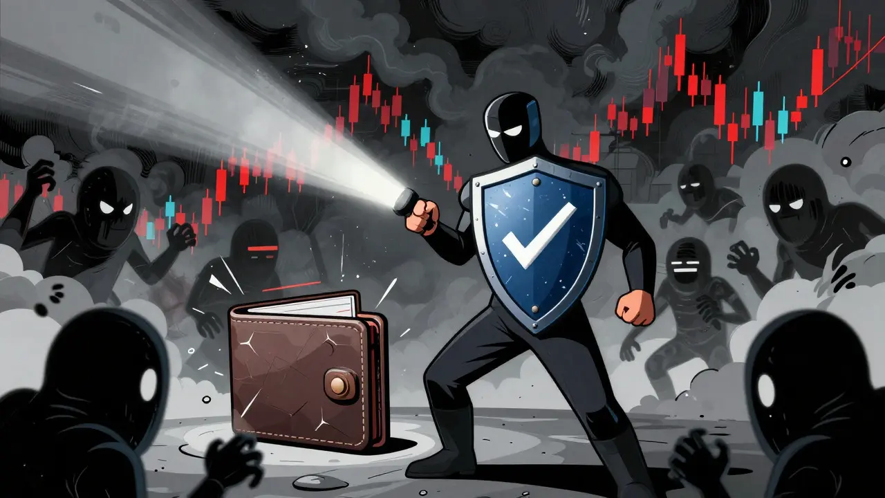 Héros protégeant son portefeuille contre des menaces de phishing en style comic