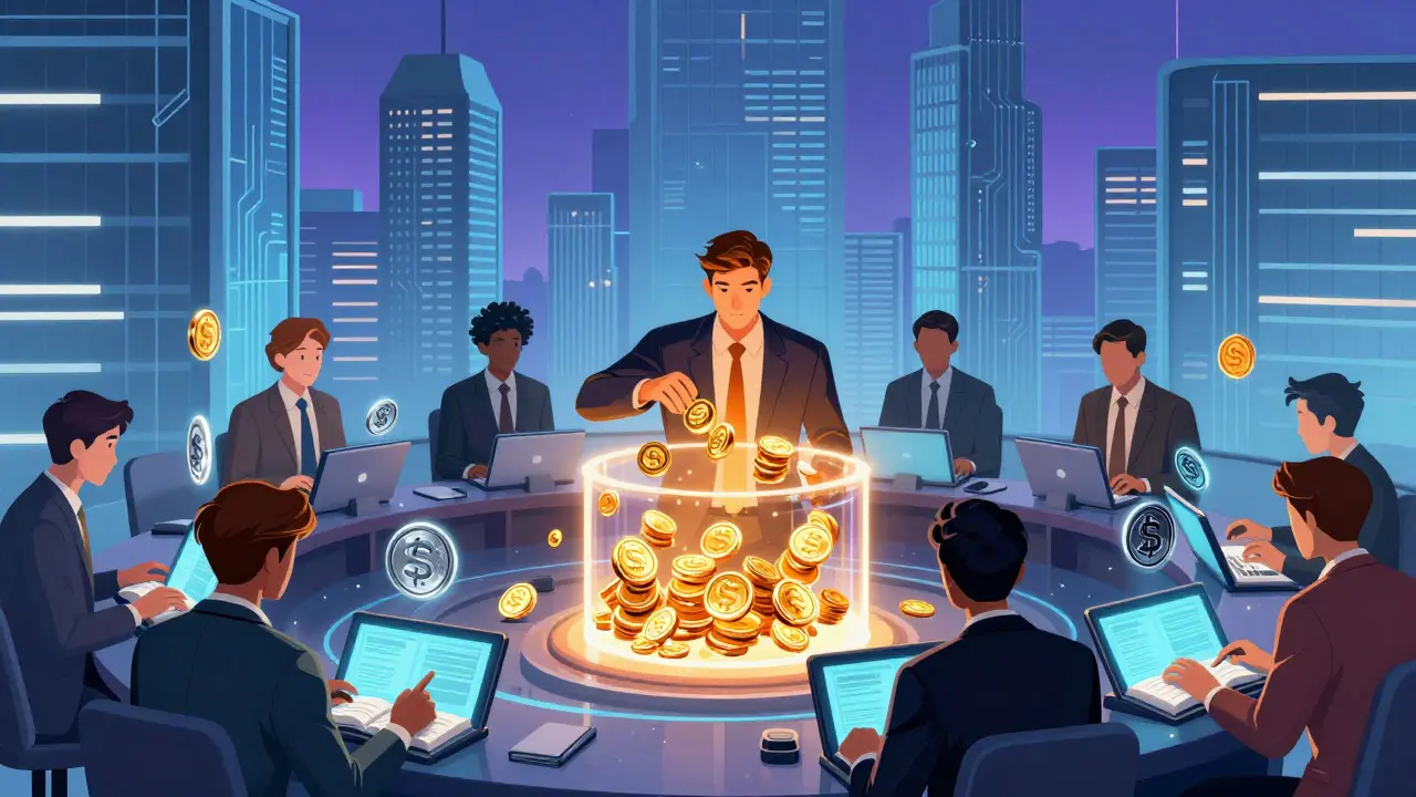 Investisseurs dans un hub financier futuriste gérant des actifs cryptographiques sécurisés