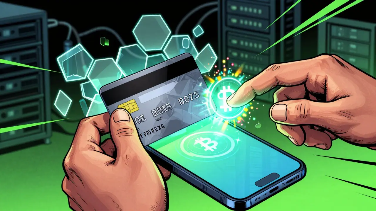 Mains interagissant avec une interface holographique rejetant une carte bancaire dans un style comics