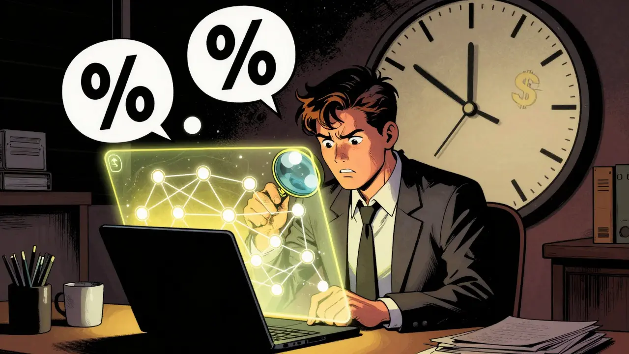 Personnage en style BD examinant des données de token sur une interface holographique