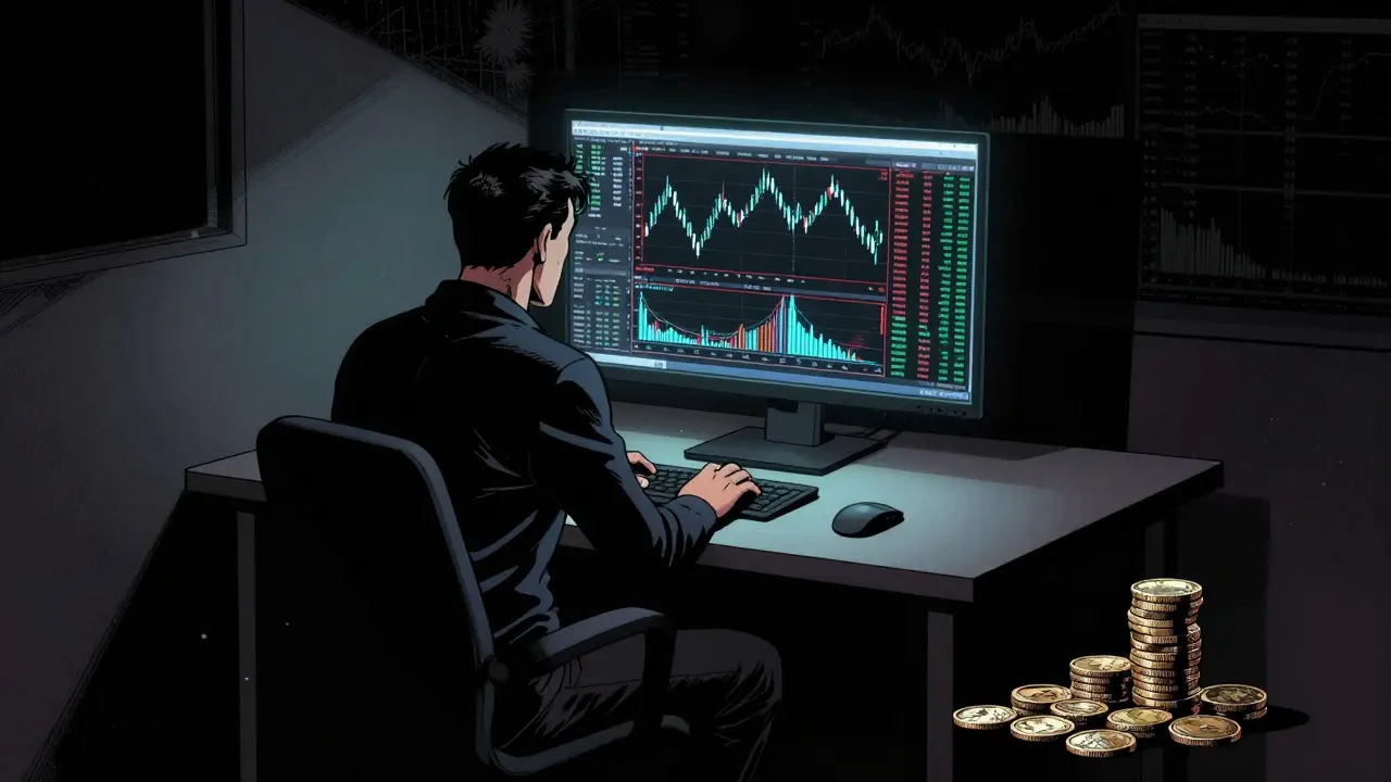 Scène BD sombre d'un trader analysant des graphiques complexes sur un écran unique