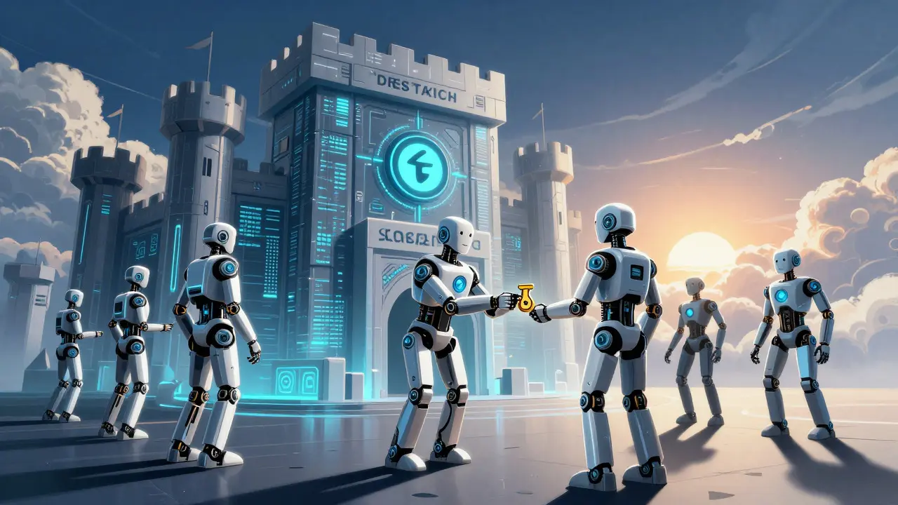 Scène de bande dessinée avec des robots institutionnels interagissant avec une forteresse numérique sécurisée.