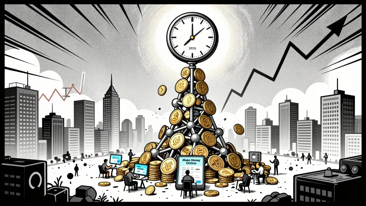 Scène de bande dessinée futuriste illustrant la croissance à long terme de l'écosystème ONUS et son impact sur le marché crypto.