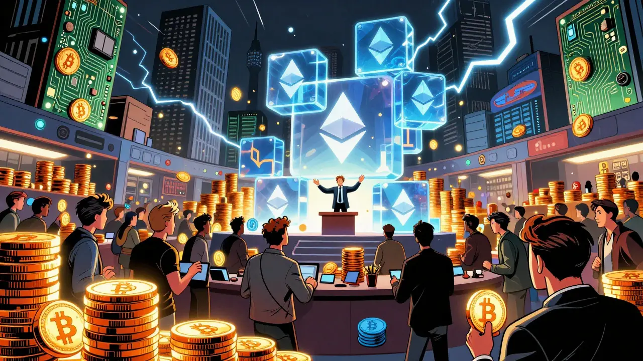 Scène de marché financier chaotique en style BD avec des jetons Bitcoin et Ethereum