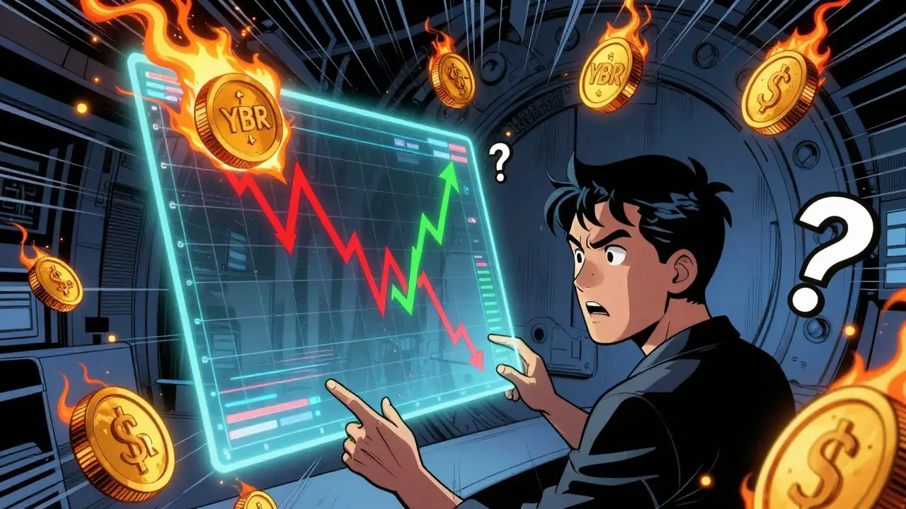 Scène de trading chaotique montrant la volatilité extrême du jeton YBR
