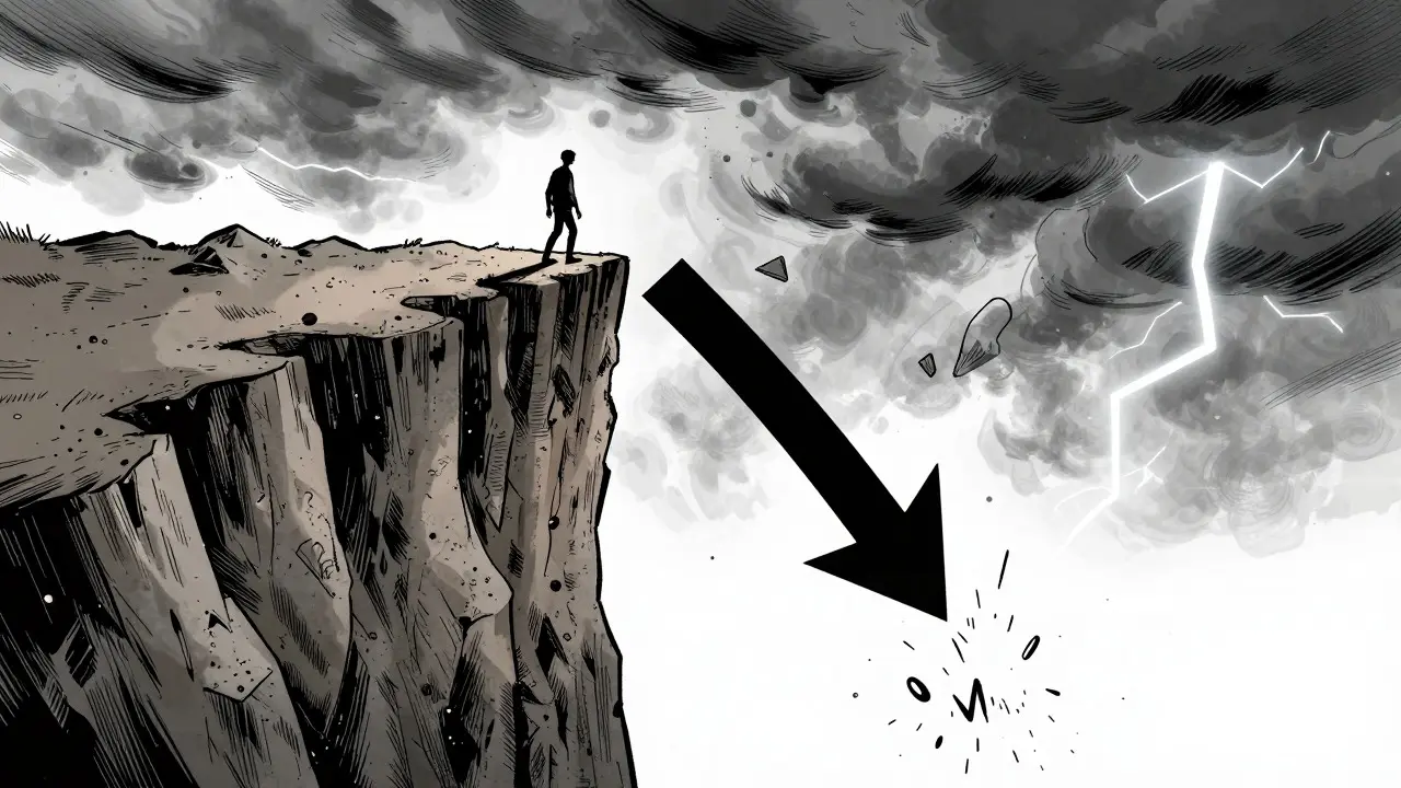 Scène dramatique illustrant le risque et la chute du marché crypto en style BD
