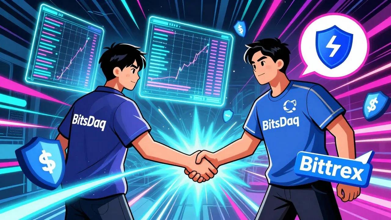 Scène dynamique de bande dessinée montrant le lancement ambitieux de Bitsdaq et son partenariat technique.