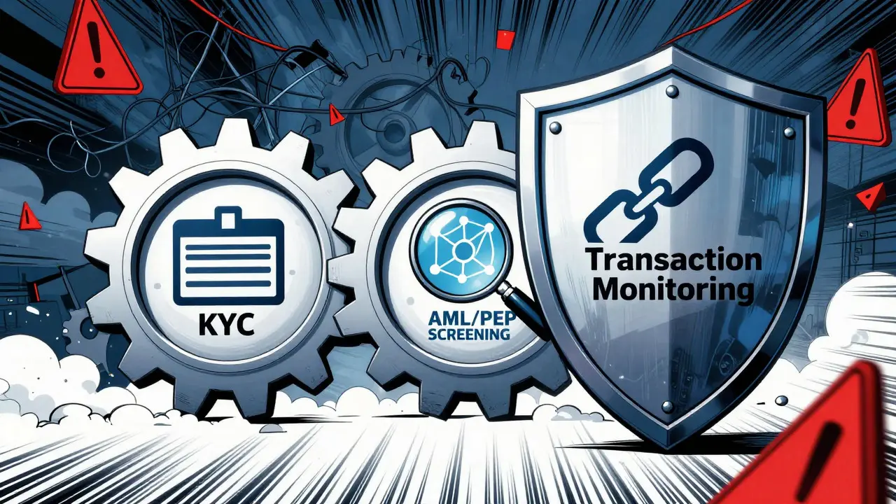 Trois engrenages formant un bouclier représentant les piliers KYC, AML et surveillance des transactions.