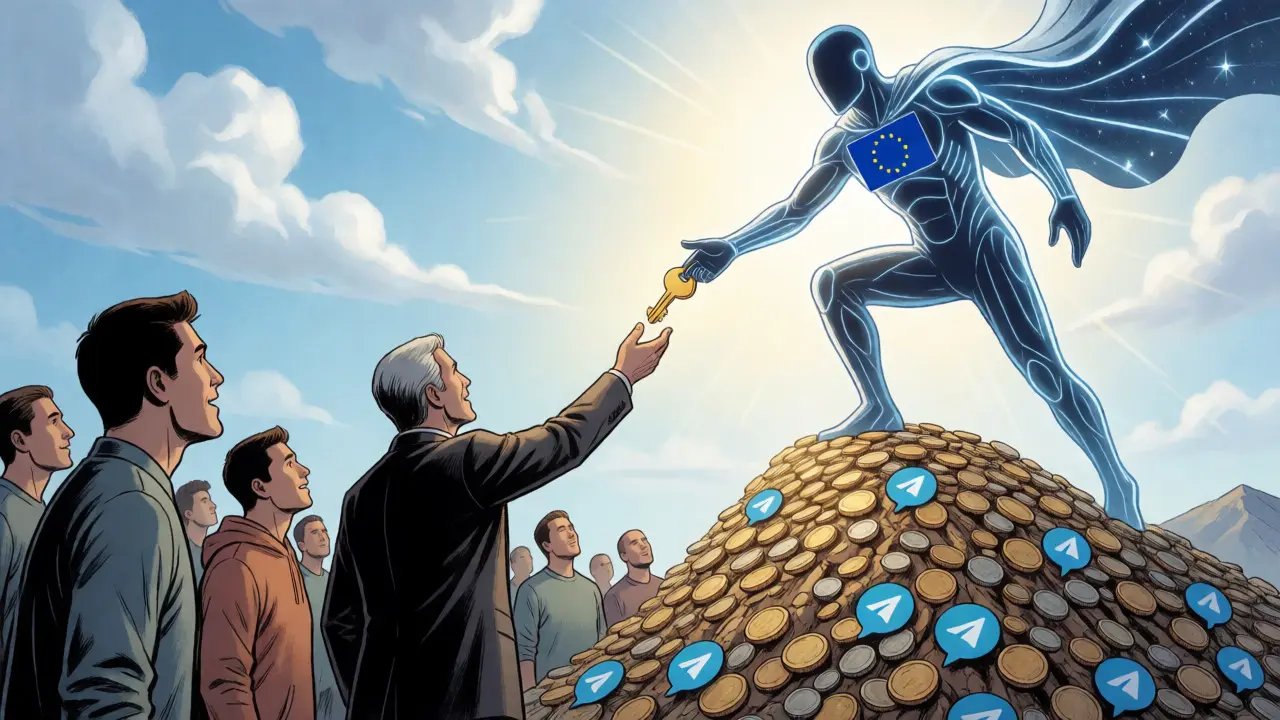 Art BD futuriste représentant l'arrivée de la régulation européenne sur le marché crypto local.