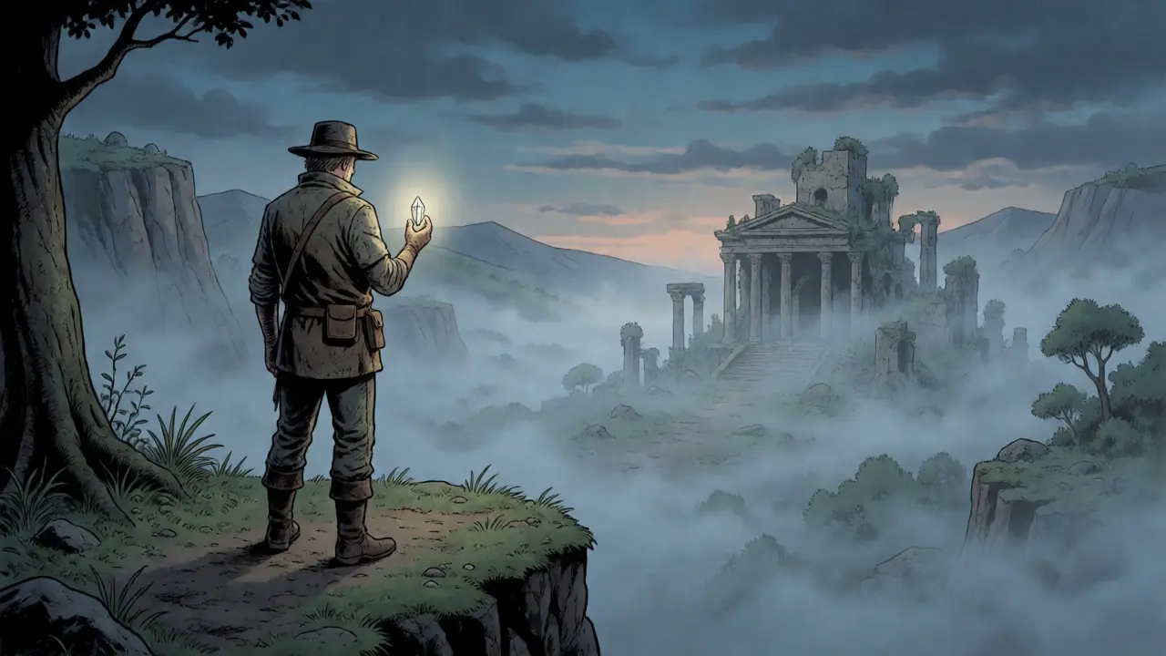 Aventurier BD tenant un cristal faible dans une vallée brumeuse représentant le projet oublié.