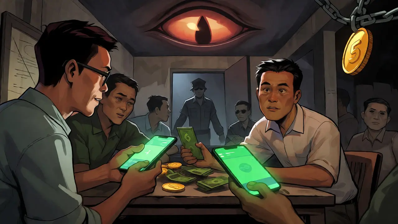 Des traders clandestins échangent des cryptos dans une pièce sombre sous surveillance.