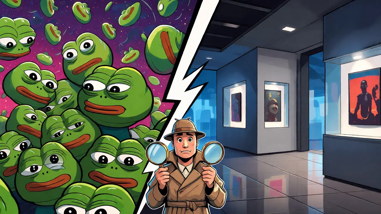 Détective de BD comparant une pile de mèmes verts à une galerie NFT moderne et sophistiquée.