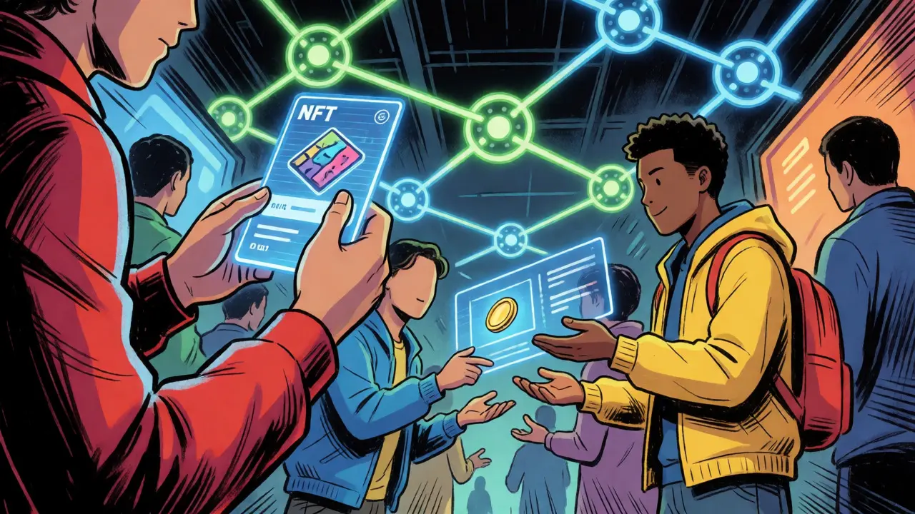 Échange d'actifs numériques dans un marché décentralisé futuriste.