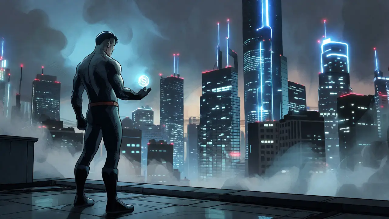 Figure solitaire tenant un jeton lumineux face à une ville futuriste, symbolisant la stabilité du projet.