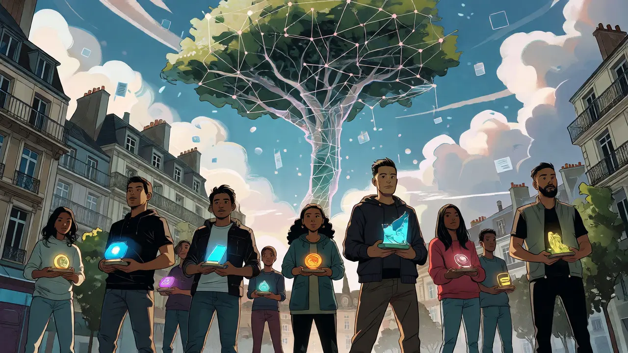 Groupe de joueurs tenant leurs NFT dans une ville futuriste connectée
