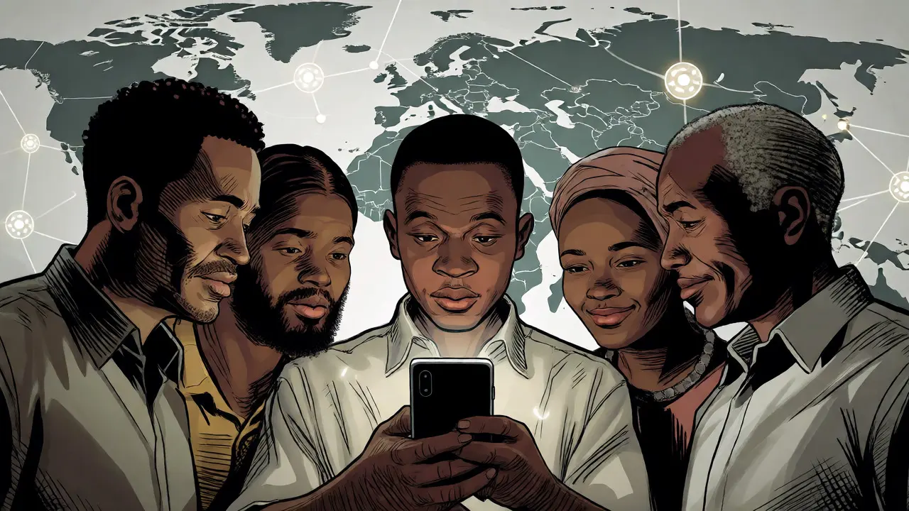 Groupe de personnes regardant un smartphone illuminé, symbole d'adoption communautaire des cryptos.