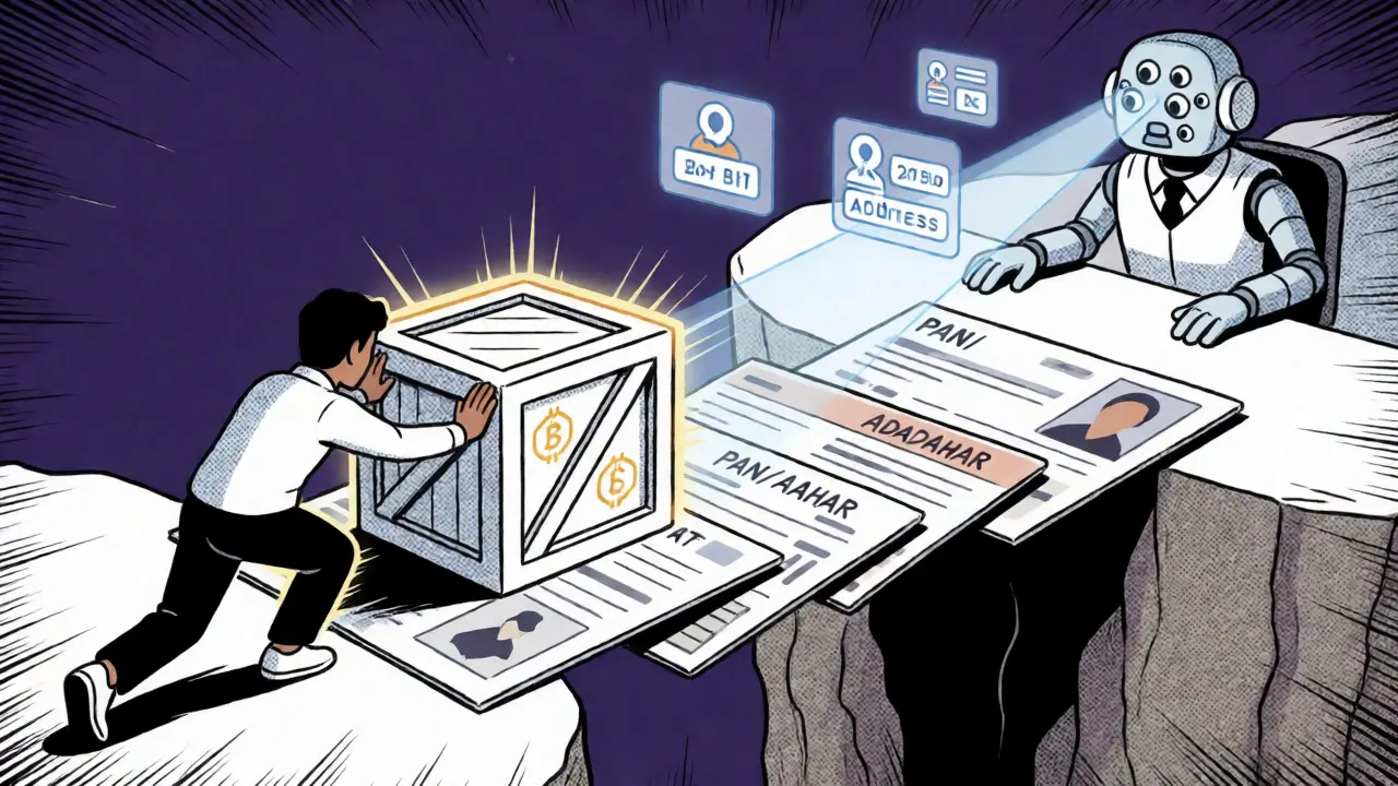Illustration BD de la règle FATF : un utilisateur traverse une frontière numérique sous surveillance robotique.