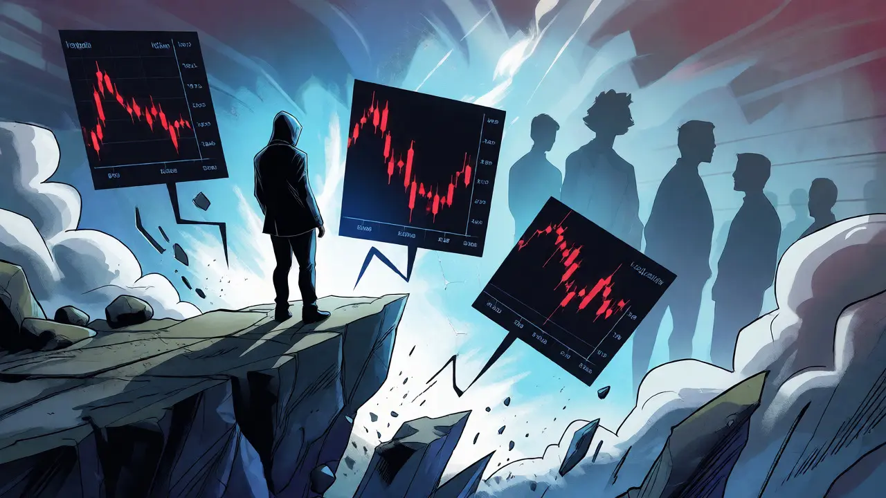 Investisseur face à des graphiques de prix contradictoires et des fondateurs fantômes.
