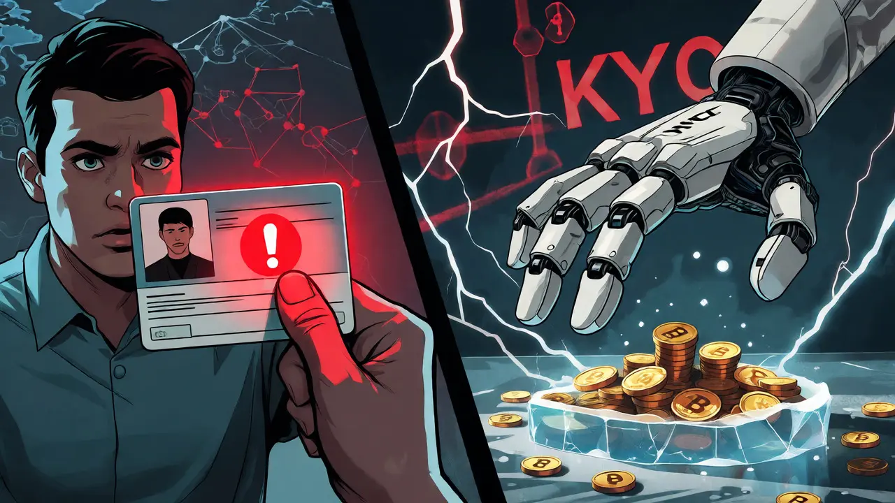 Main robotique gelant des fonds suite à une vérification KYC pour un utilisateur iranien.