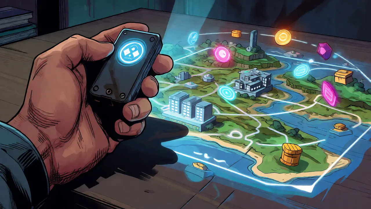 Main tenant un portefeuille crypto projetant une carte virtuelle avec des flux financiers animés.