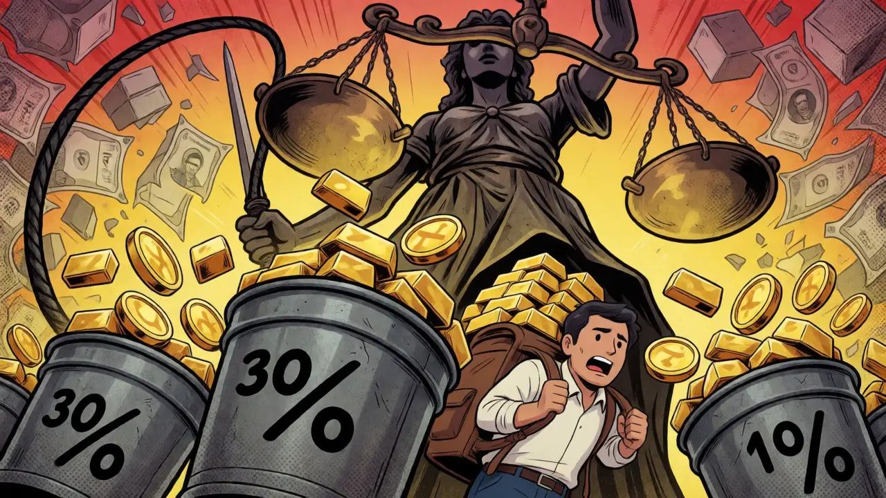 Métaphore visuelle en BD d'un investisseur écrasé par les taxes et pénalités sur ses gains en crypto.