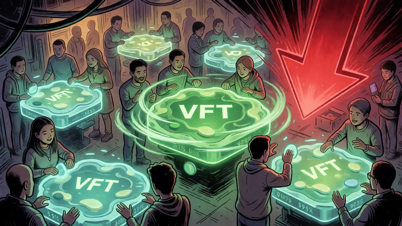 Scène BD d'un marché DeFi où la pool de liquidité VFT est vide et en chute libre.