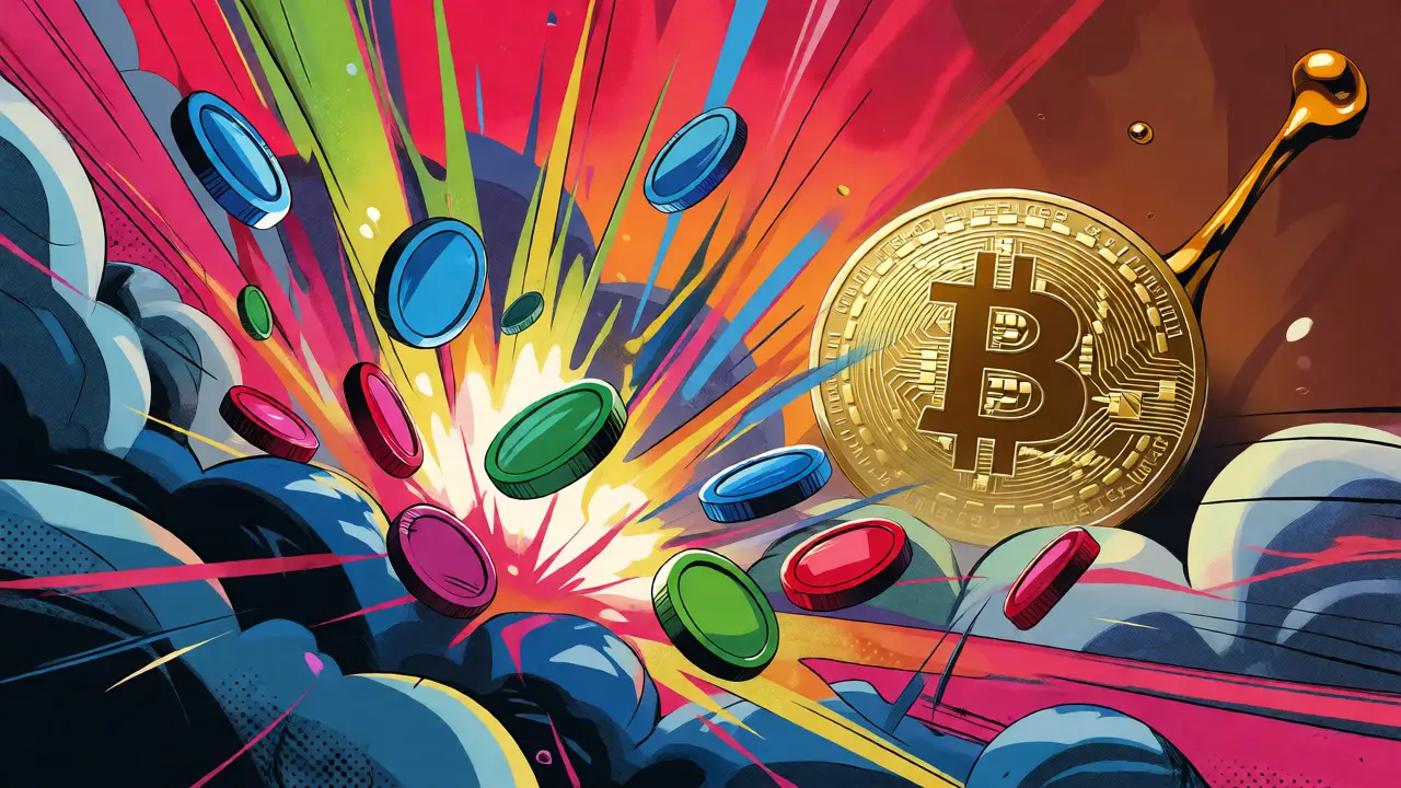 Scène de bande dessinée dynamique représentant l'explosion des altcoins et la baisse de la domination du BTC.