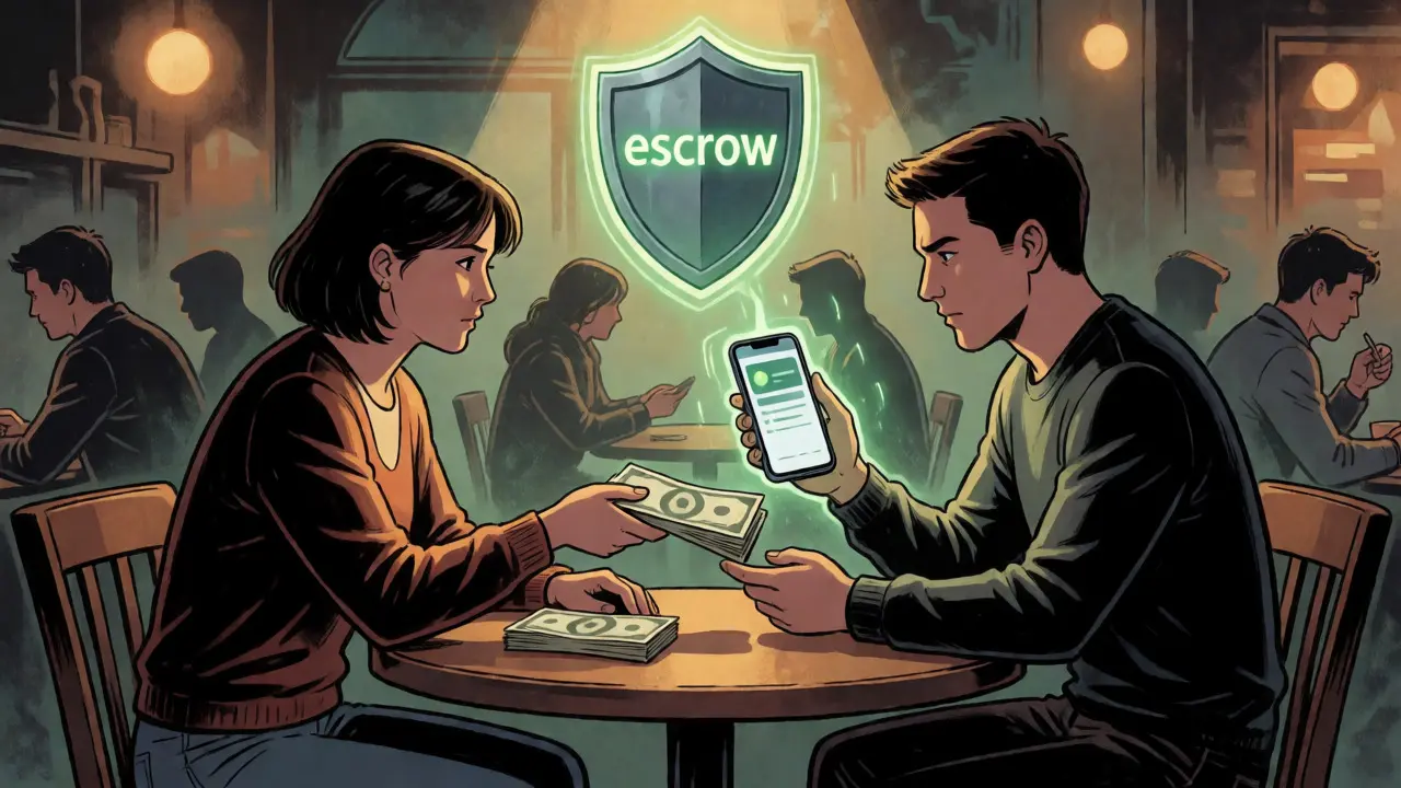 Scène de café en style BD montrant une transaction P2P avec échange d'espèces et téléphone.