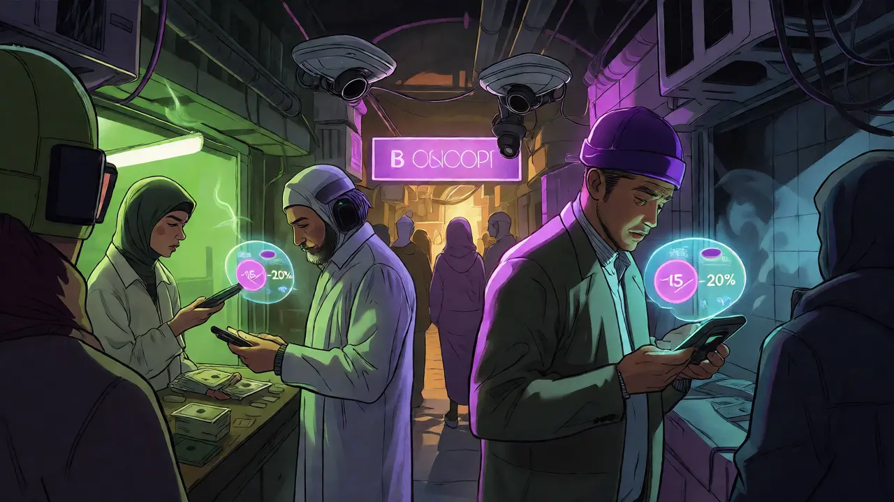 Scène de marché souterrain où des Iraniens échangent des cryptos sous surveillance.