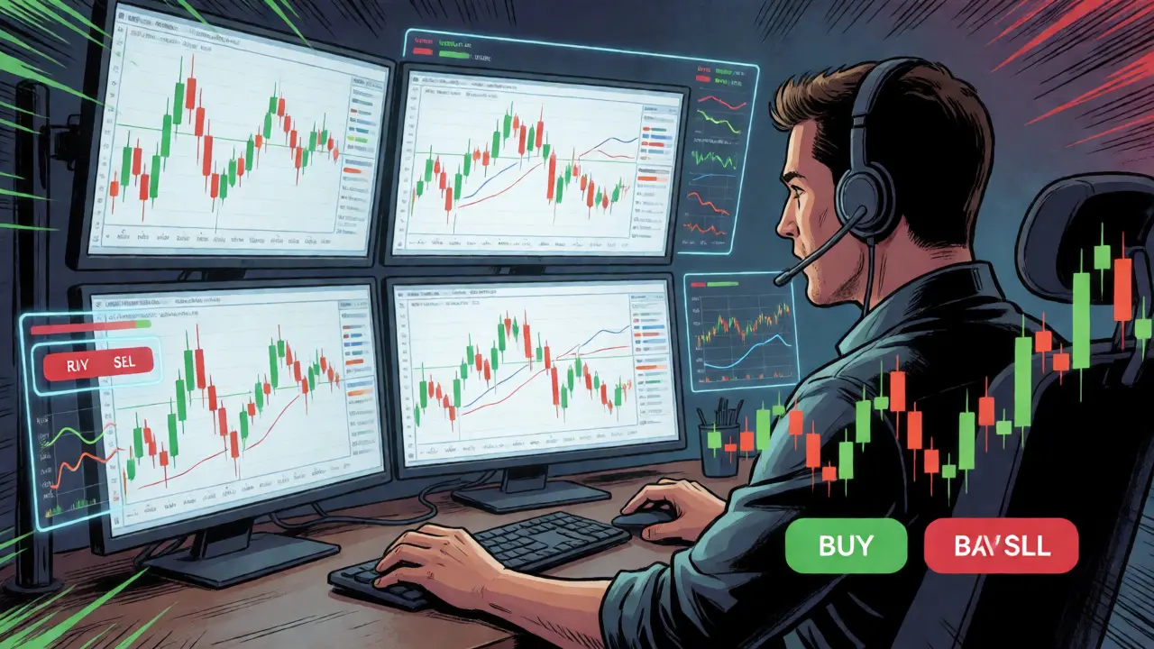 Trader analysant des graphiques de marché sur plusieurs écrans lumineux