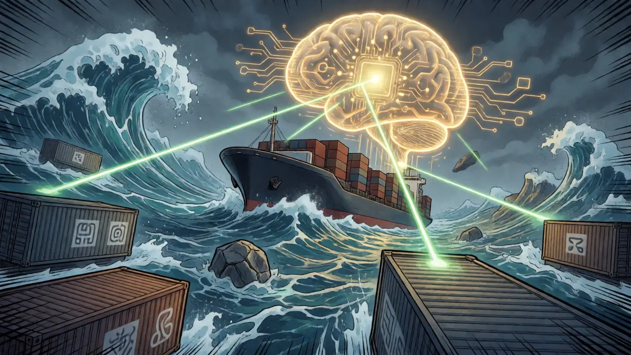 Un cerveau IA doré guide un navire de fret dans des eaux agitées