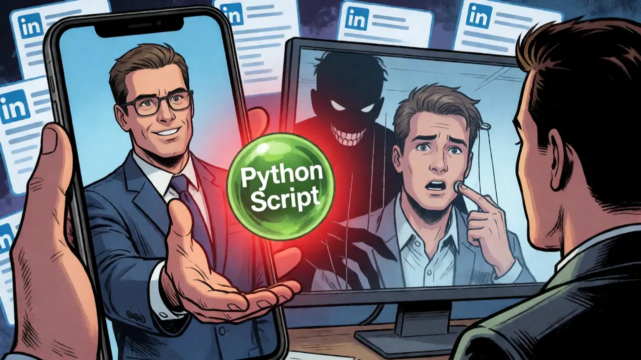 Un recruteur tend un piège numérique à un employé via une interface sociale manipulée.